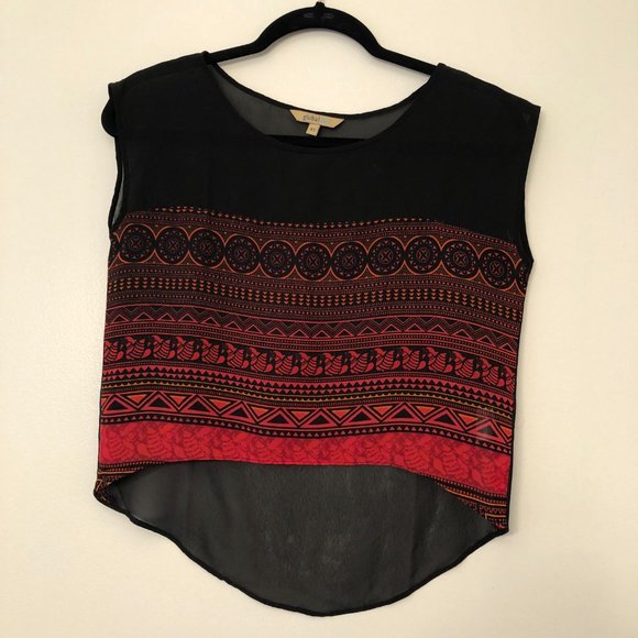 Short Sleeve Sheer Blouse in Black/Red Print Size XS - Picture 4 of 9